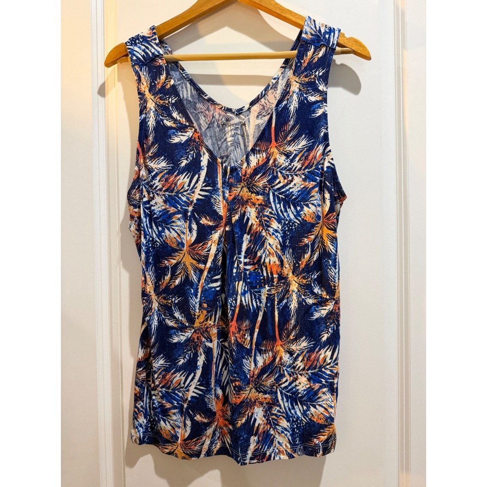 Palm Grove Women Large Blue Tropical Palm Leaf V-Neck Tank Top Sleeveless Rayon